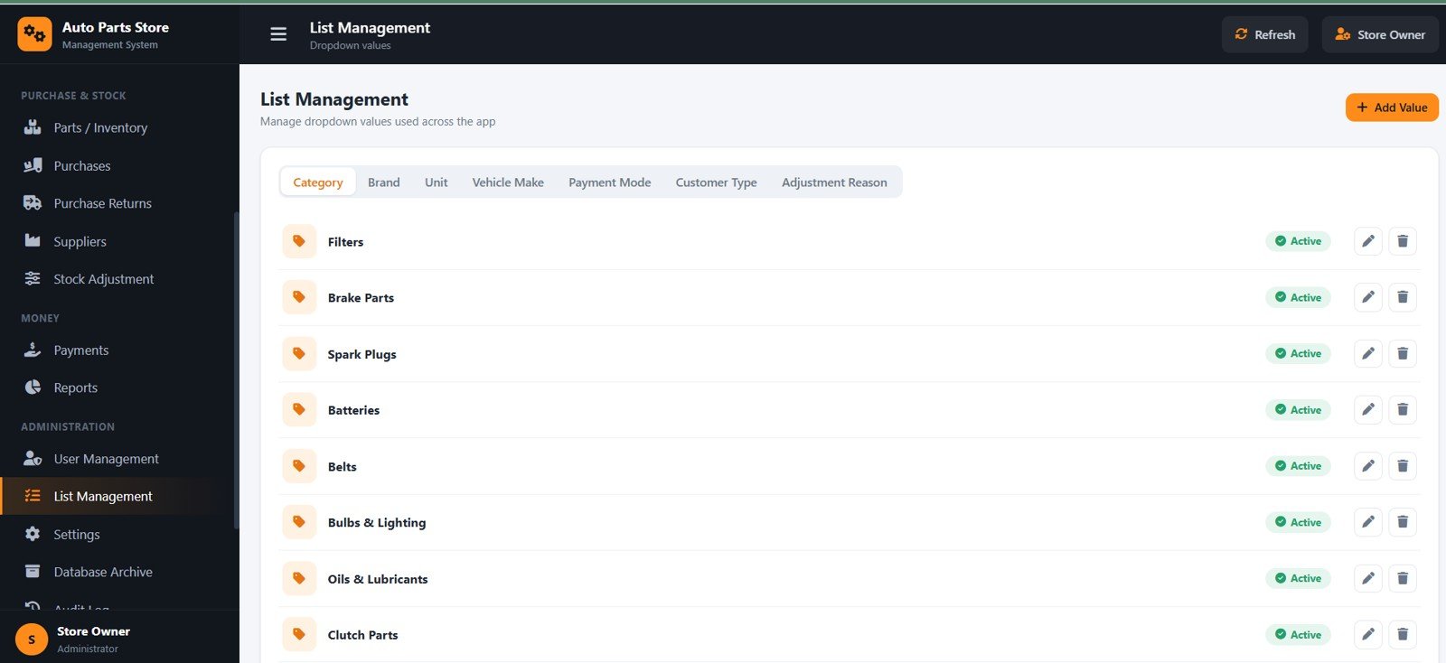 Auto Parts Store Management System - List Management
