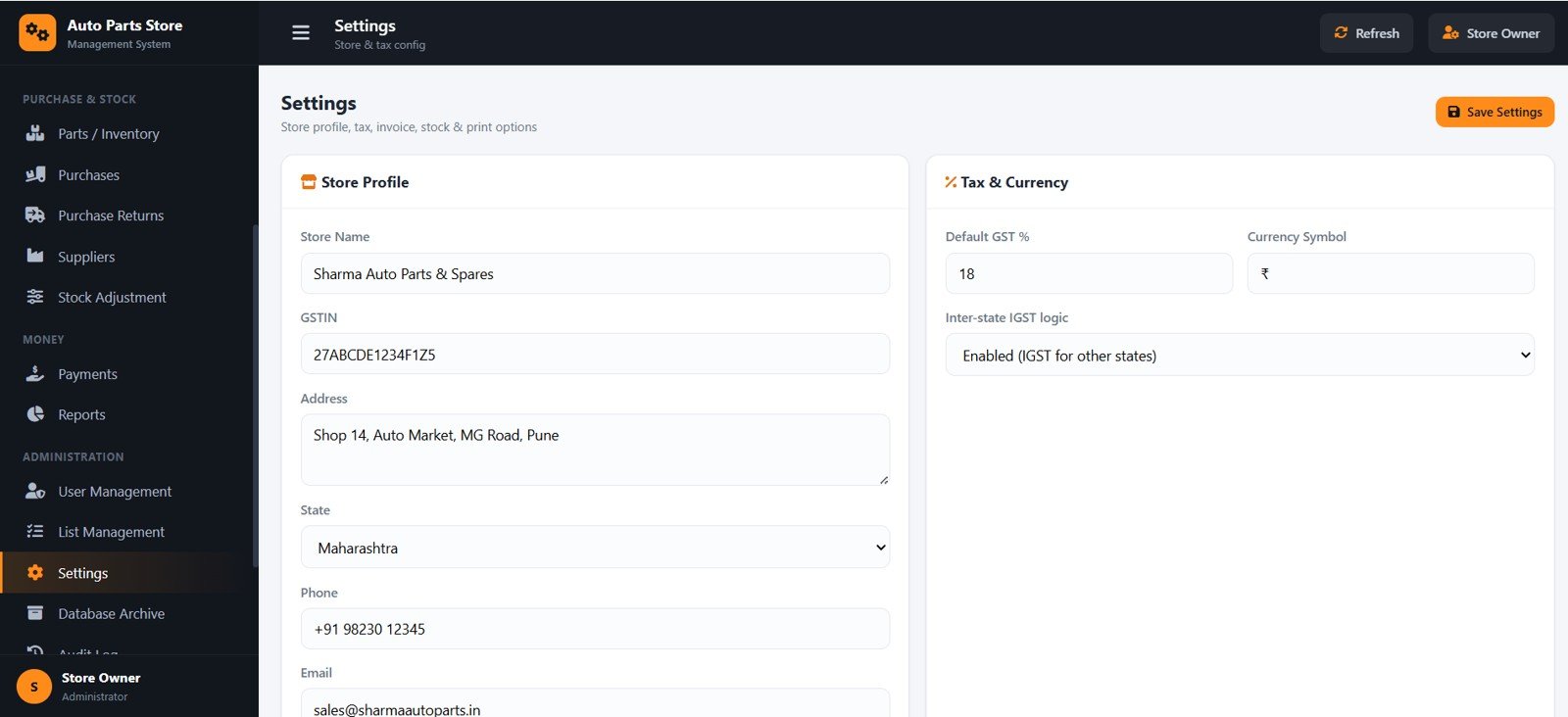 Auto Parts Store Management System - Settings