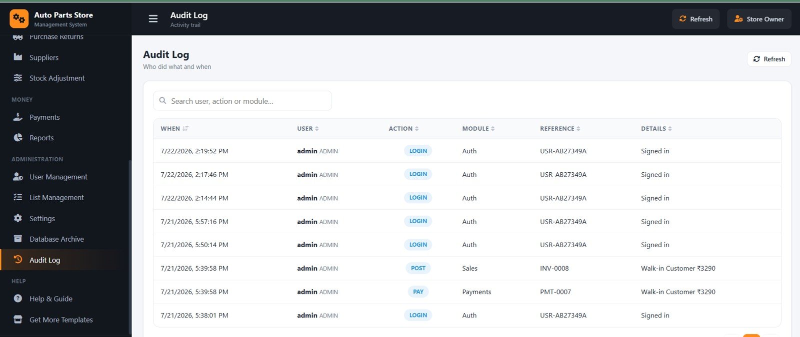 Auto Parts Store Management System - Audit Log