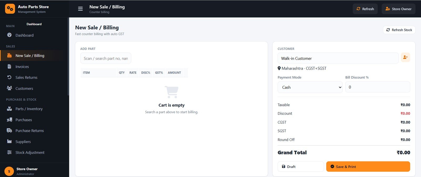Auto Parts Store Management System - New Sale / Billing