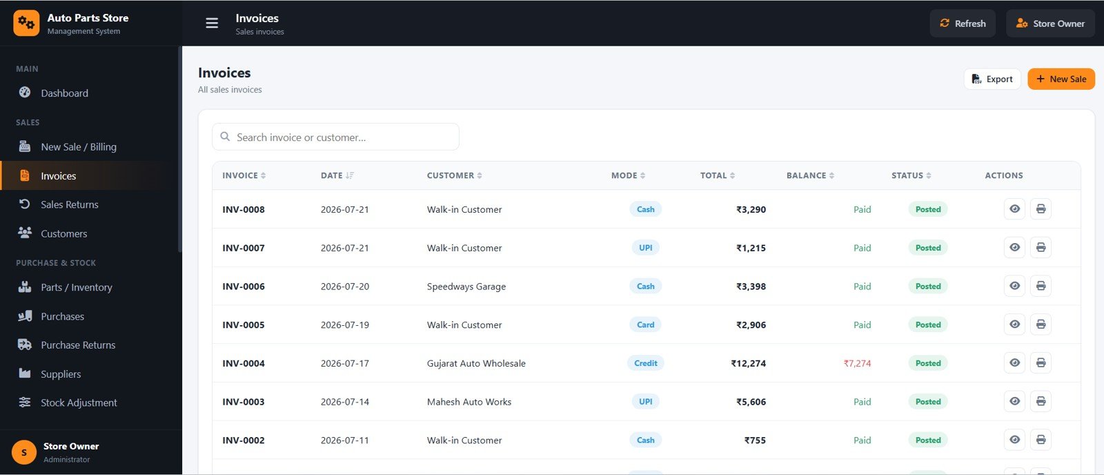 Auto Parts Store Management System - Invoices