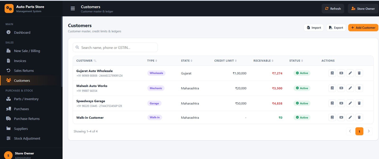 Auto Parts Store Management System - Customers