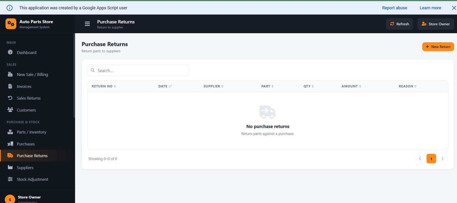 Auto Parts Store Management System - Purchase Returns