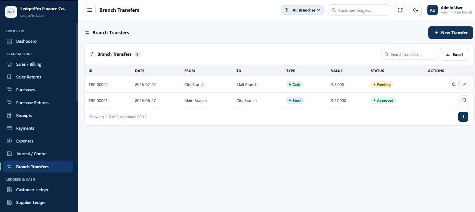 Accounting Ledger Pro branch transfers page