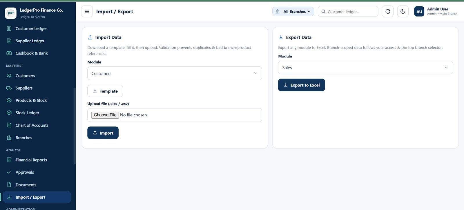 Accounting Ledger Pro import export page