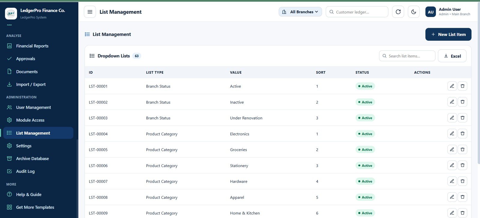 Accounting Ledger Pro list management page