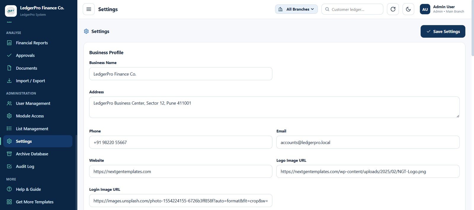 Accounting Ledger Pro settings page
