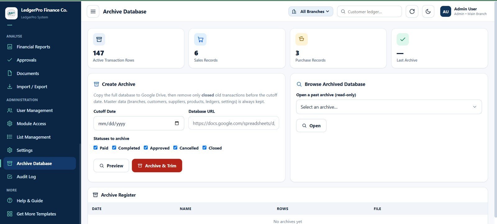 Accounting Ledger Pro archive database page