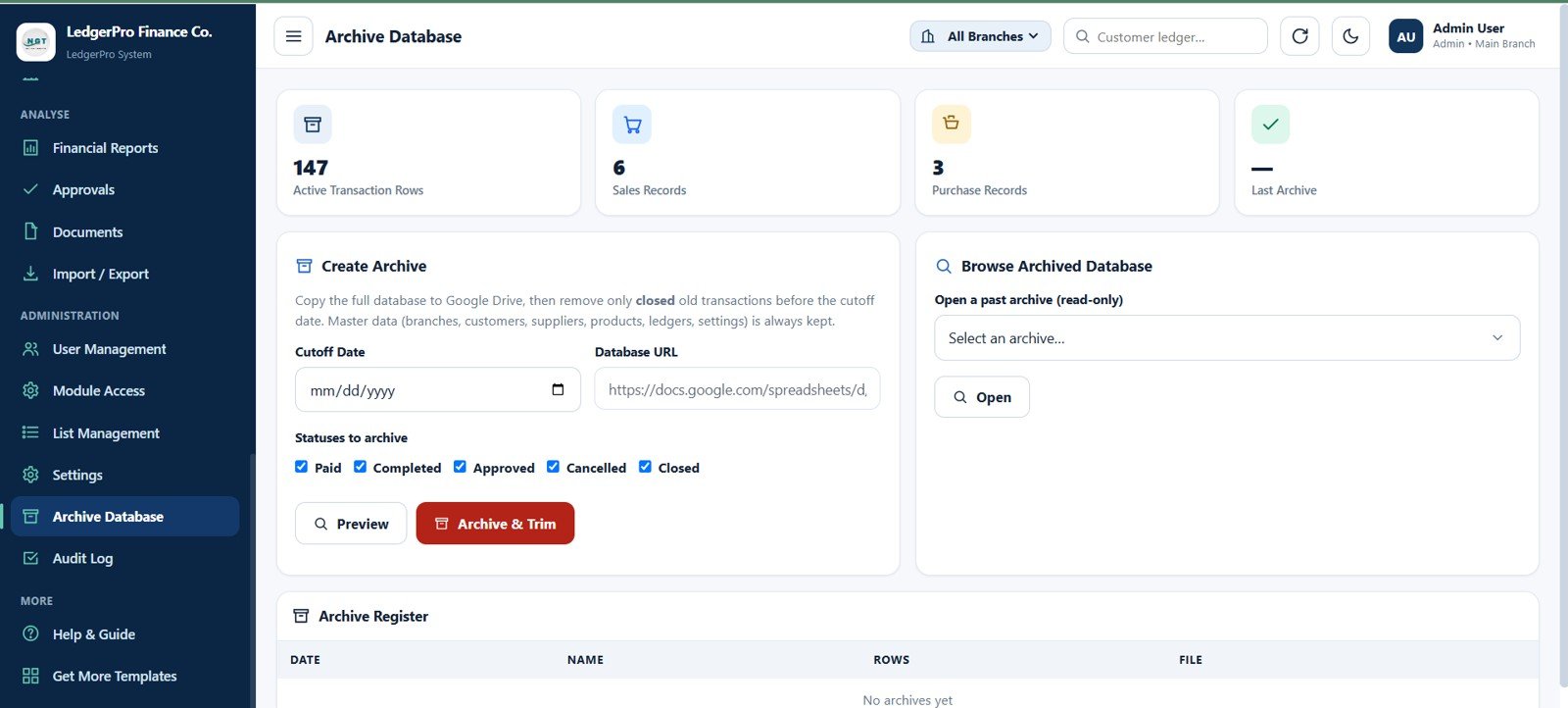 Accounting Ledger Pro archive database page