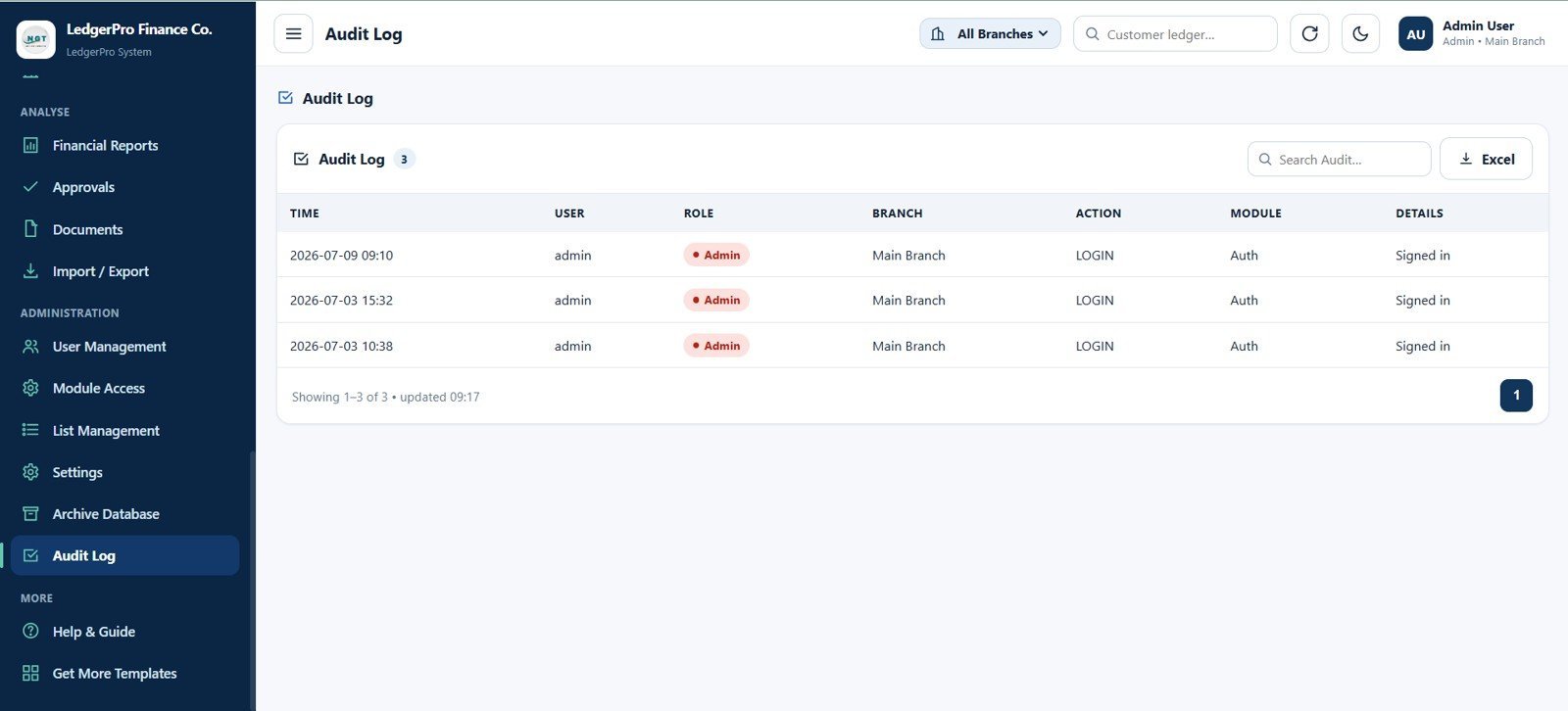 Accounting Ledger Pro audit log page