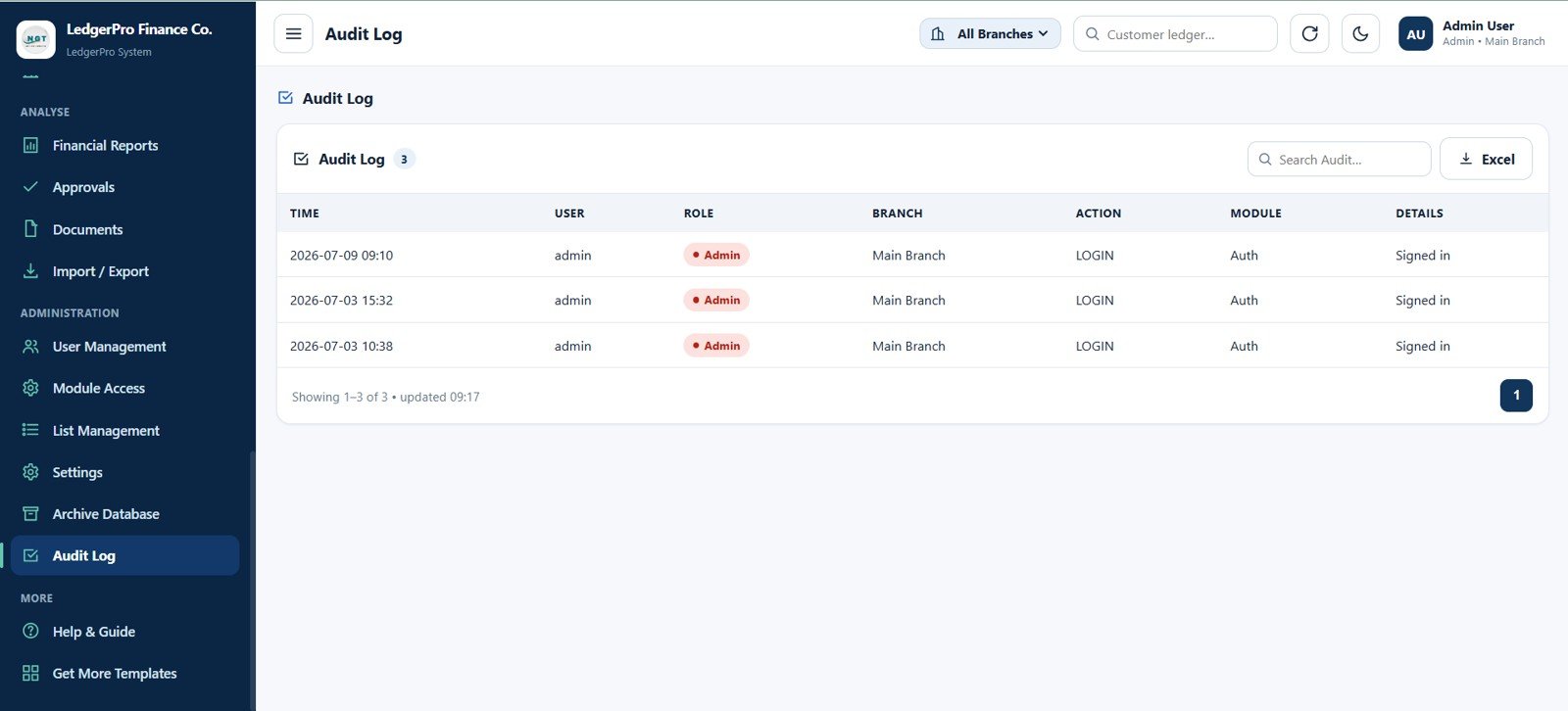 Accounting Ledger Pro audit log page