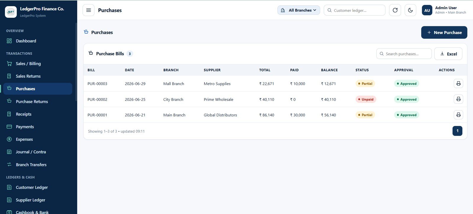 Accounting Ledger Pro purchases page