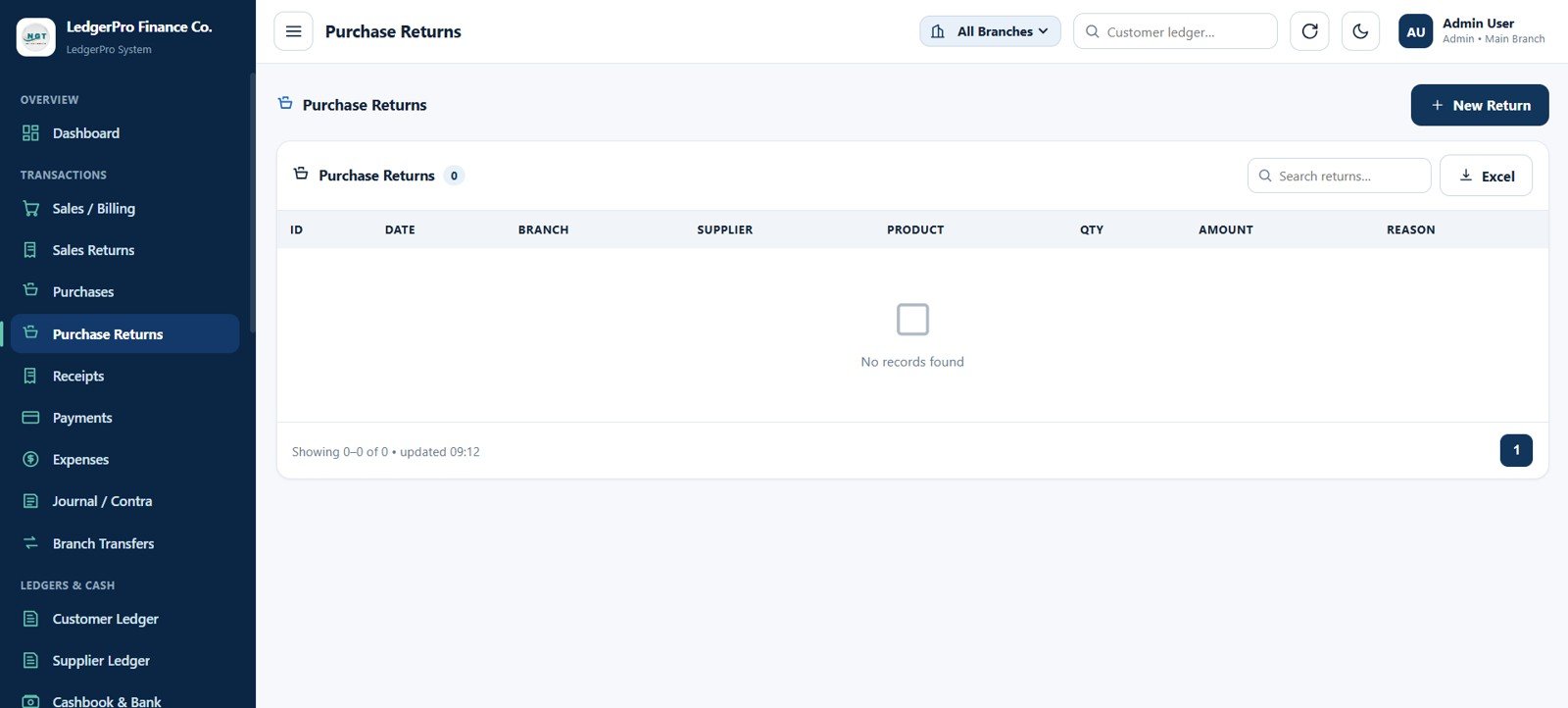 Accounting Ledger Pro purchase returns page