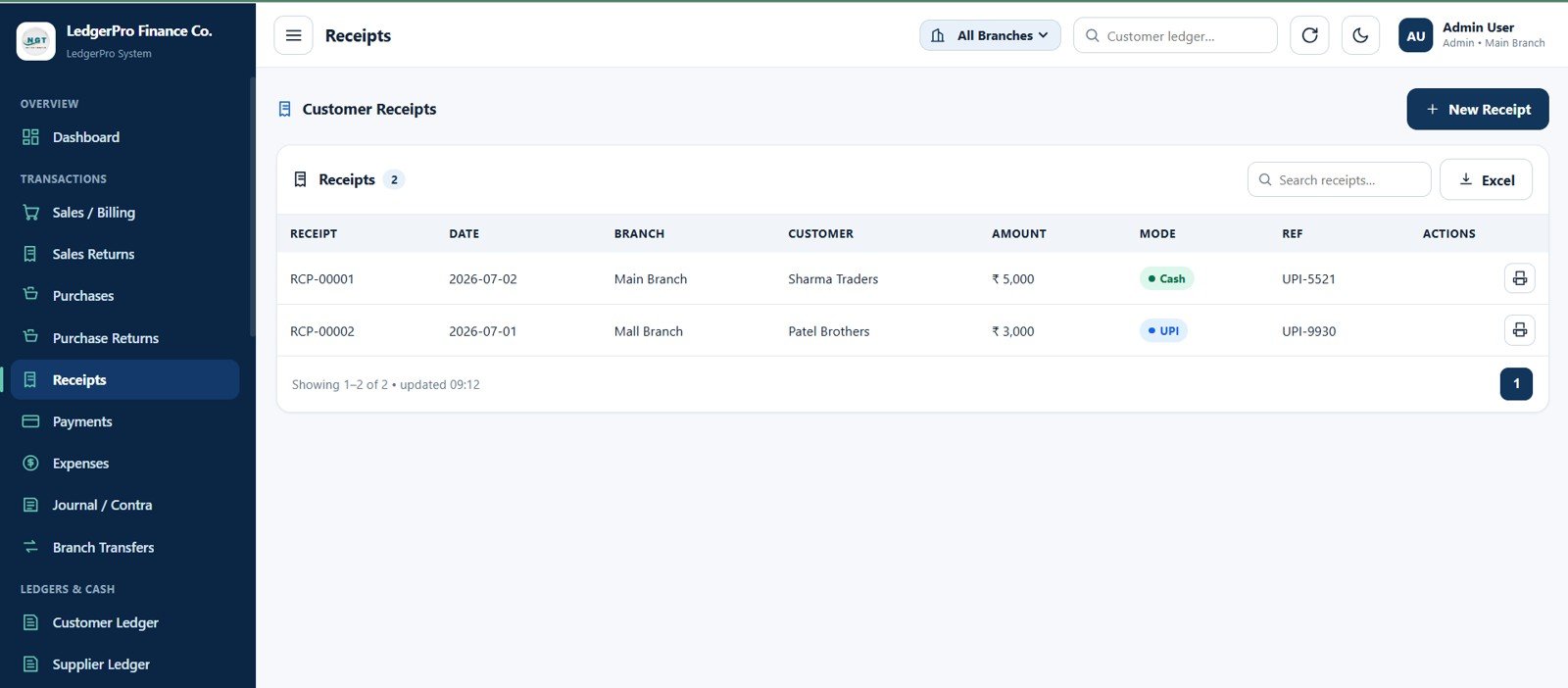 Accounting Ledger Pro receipts page