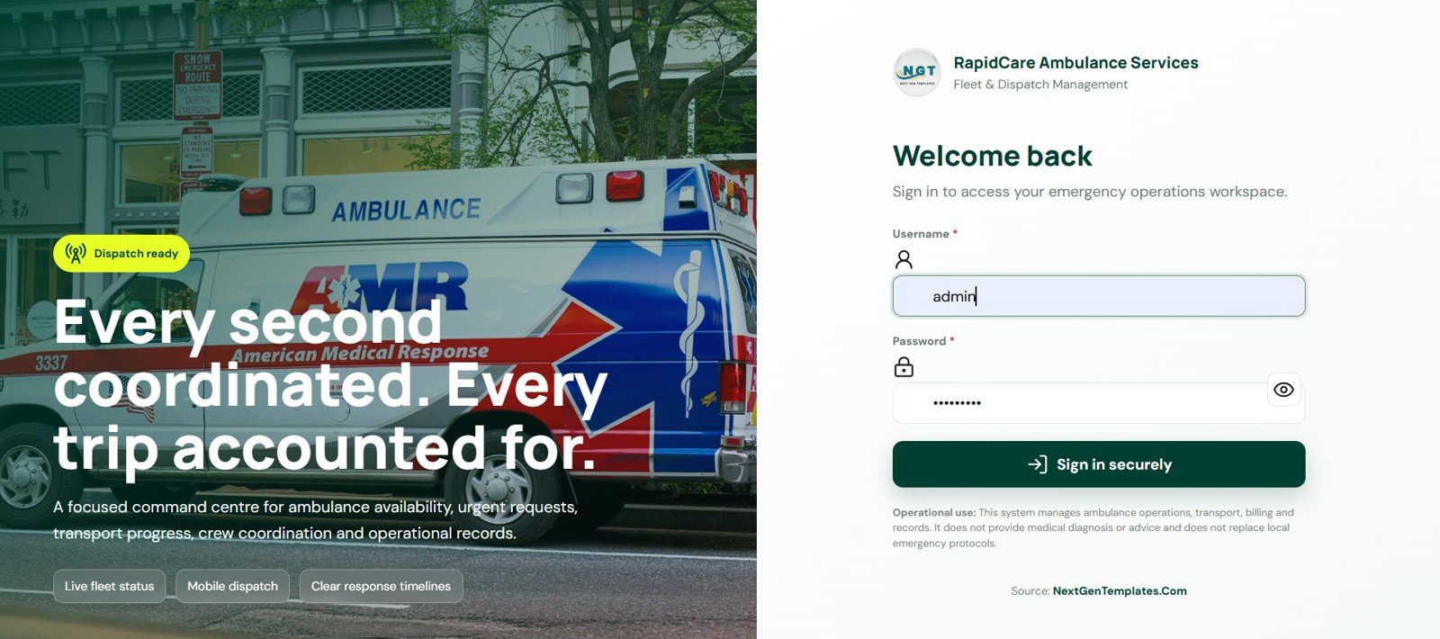 Ambulance Fleet and Dispatch Management System Web App secure login screenshot