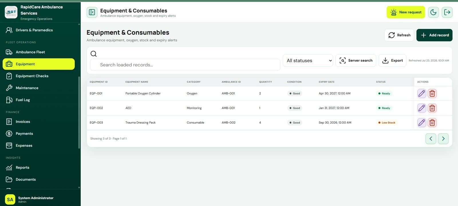 Equipment and Consumables screen in Ambulance Fleet and Dispatch Management System Web App
