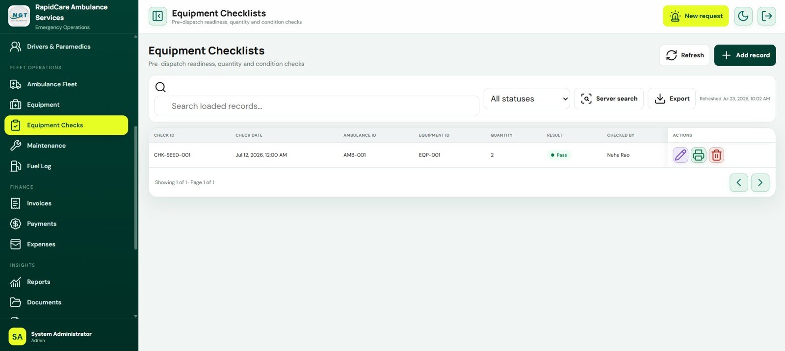 Equipment Checklists screen in Ambulance Fleet and Dispatch Management System Web App