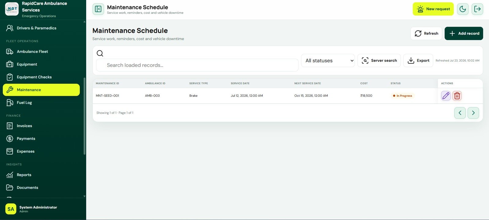 Maintenance Schedule screen in Ambulance Fleet and Dispatch Management System Web App