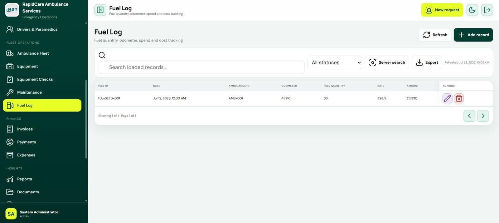 Fuel Log screen in Ambulance Fleet and Dispatch Management System Web App