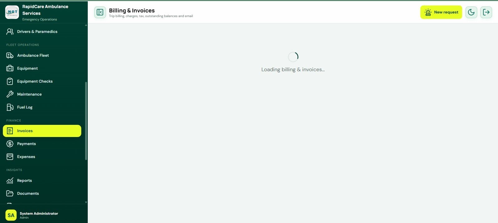 Billing and Invoices screen in Ambulance Fleet and Dispatch Management System Web App