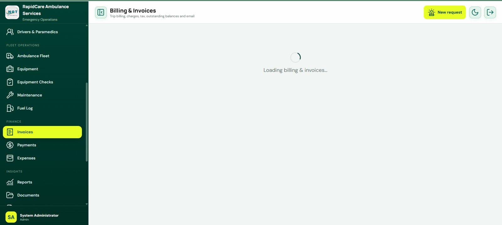 Billing and Invoices screen in Ambulance Fleet and Dispatch Management System Web App