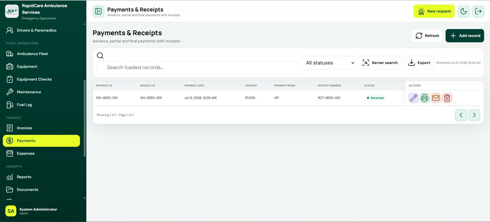 Payments and Receipts screen in Ambulance Fleet and Dispatch Management System Web App