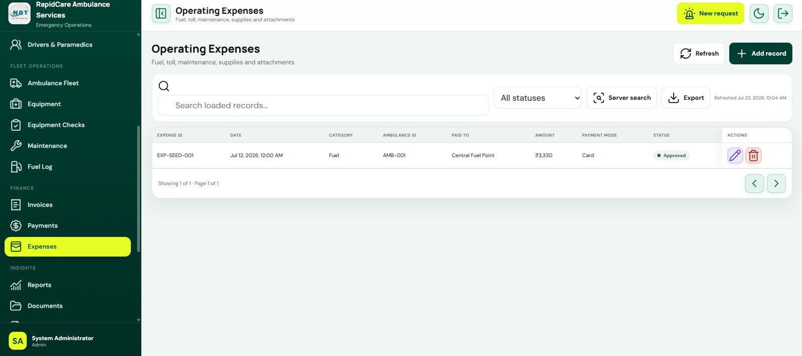 Operating Expenses screen in Ambulance Fleet and Dispatch Management System Web App