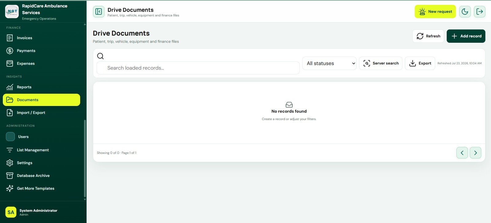 Drive Documents screen in Ambulance Fleet and Dispatch Management System Web App