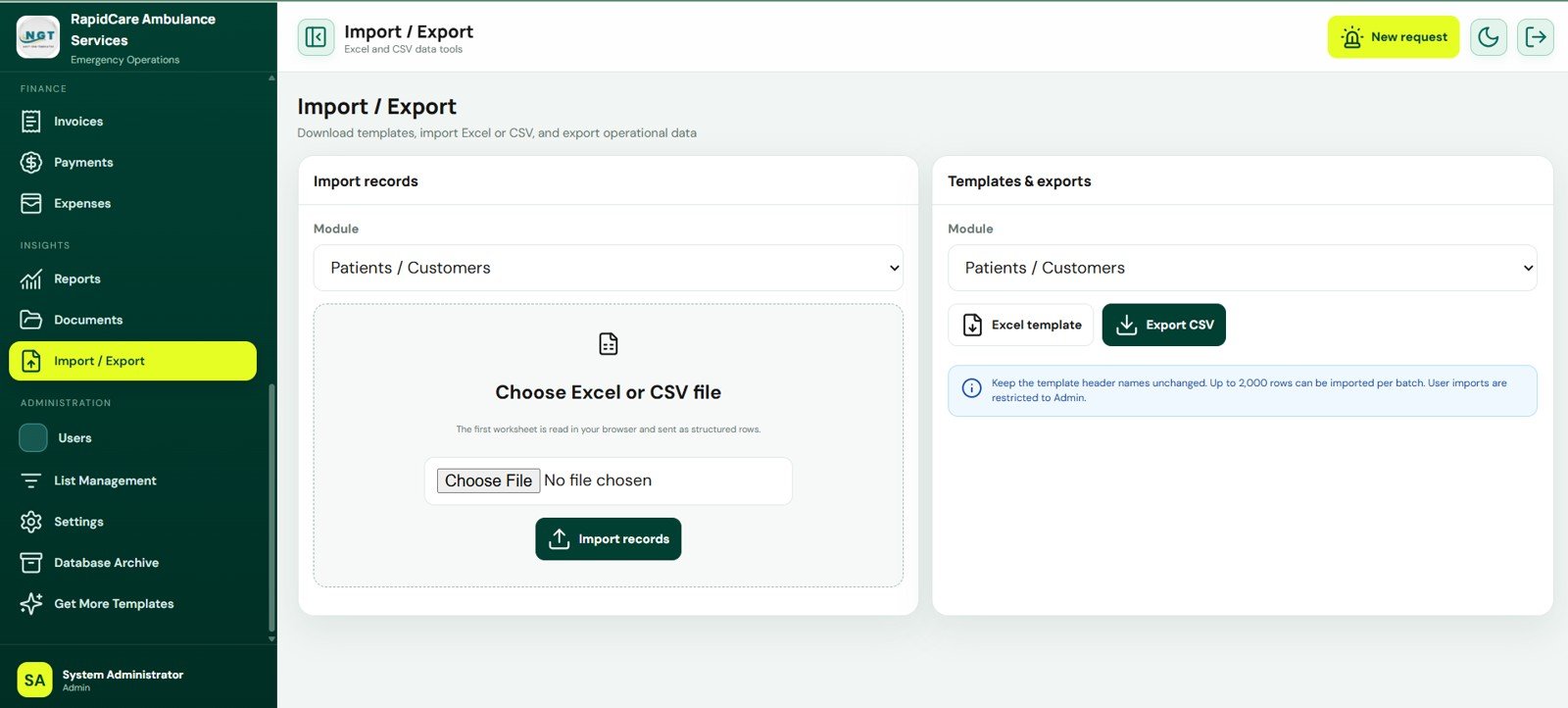 Import Export screen in Ambulance Fleet and Dispatch Management System Web App