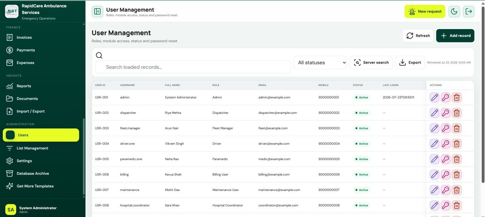 User Management screen in Ambulance Fleet and Dispatch Management System Web App