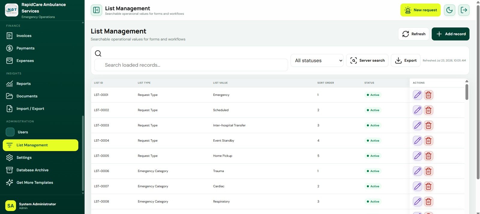 List Management screen in Ambulance Fleet and Dispatch Management System Web App