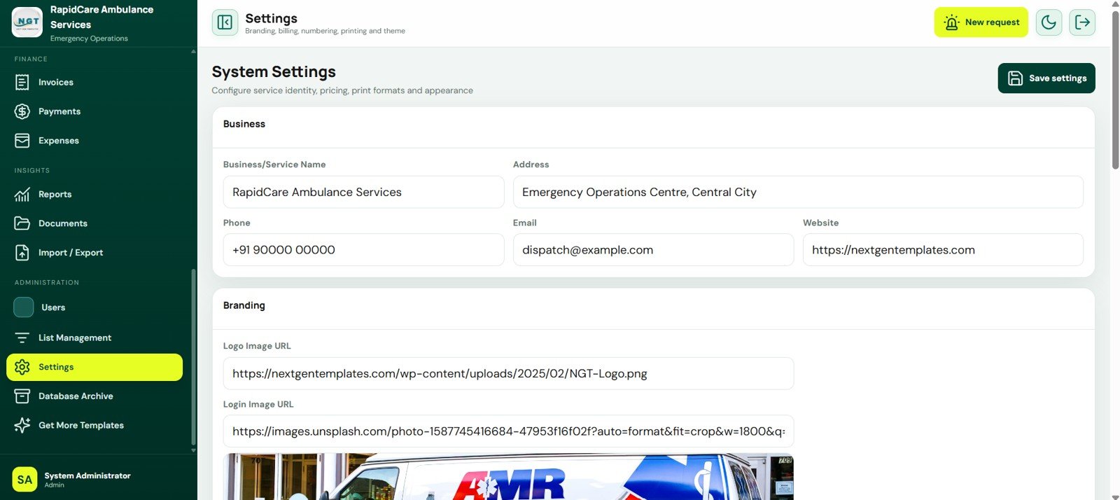 System Settings screen in Ambulance Fleet and Dispatch Management System Web App