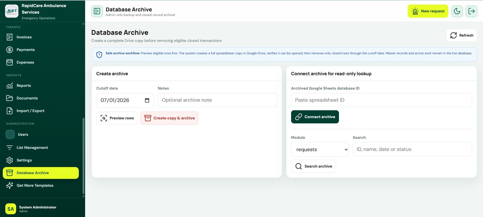 Database Archive screen in Ambulance Fleet and Dispatch Management System Web App