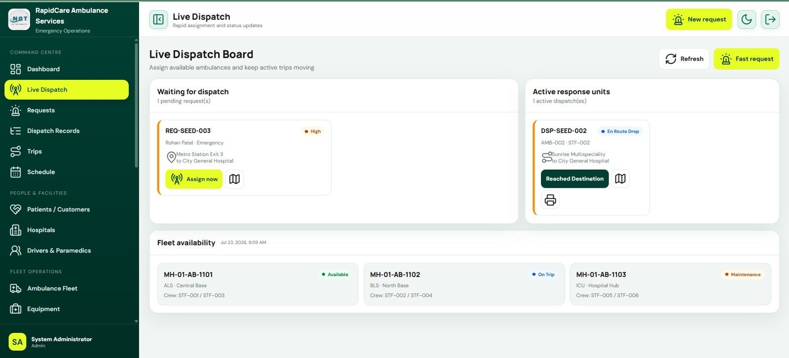 Live Dispatch Board in Ambulance Fleet and Dispatch Management System Web App