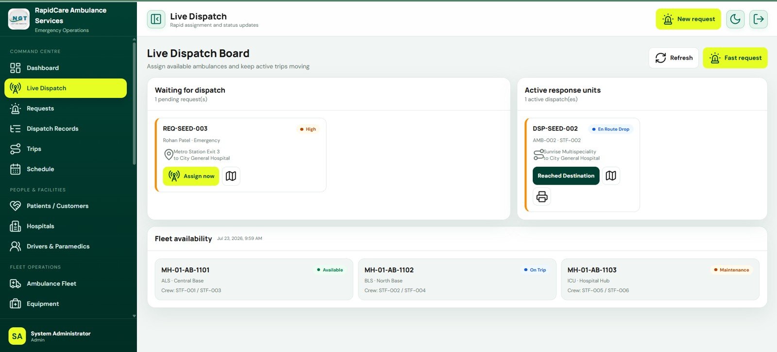 Live Dispatch Board in Ambulance Fleet and Dispatch Management System Web App