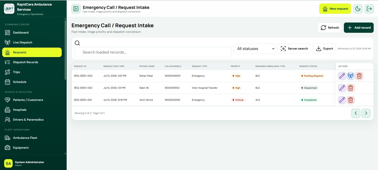 Emergency Call Request Intake screen in Ambulance Fleet and Dispatch Management System Web App
