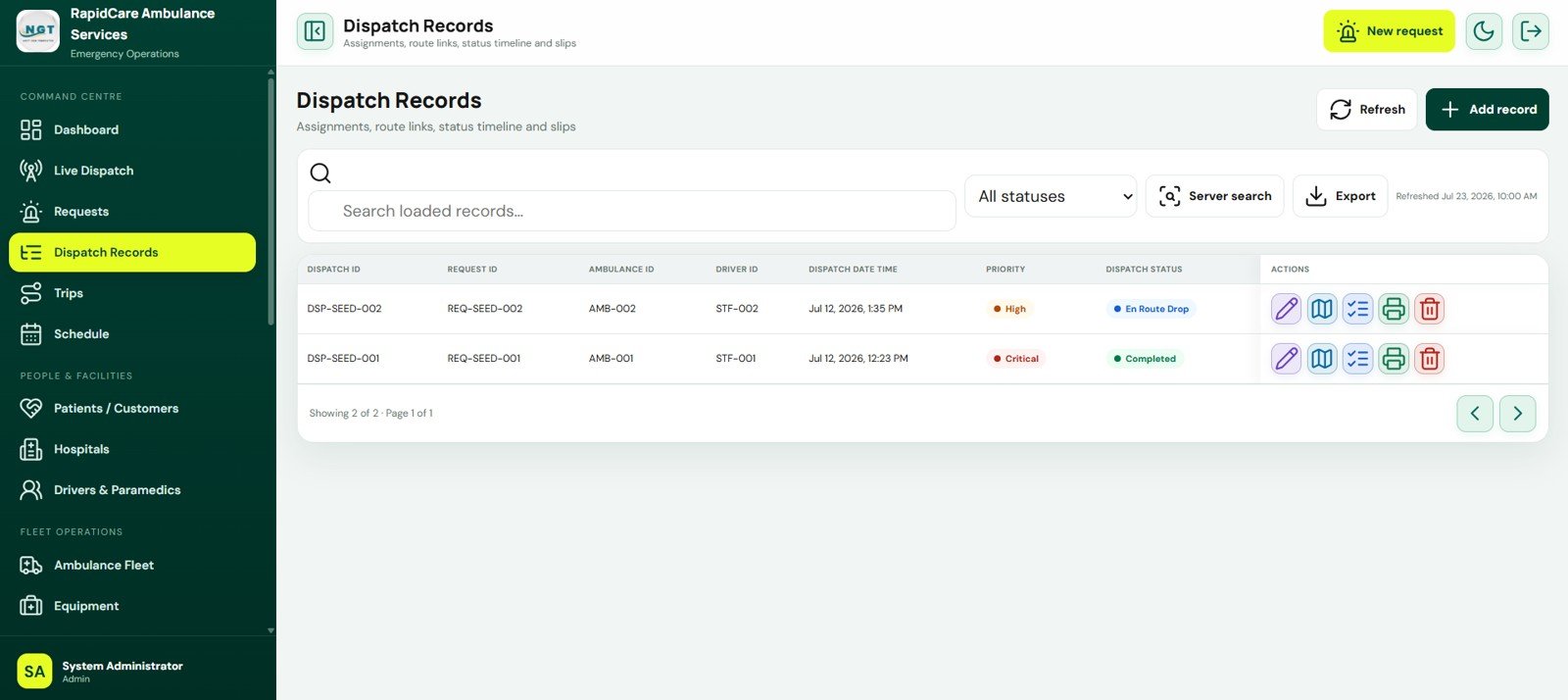 Dispatch Records screen in Ambulance Fleet and Dispatch Management System Web App
