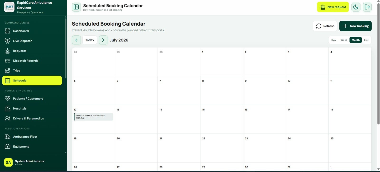 Scheduled Booking Calendar in Ambulance Fleet and Dispatch Management System Web App