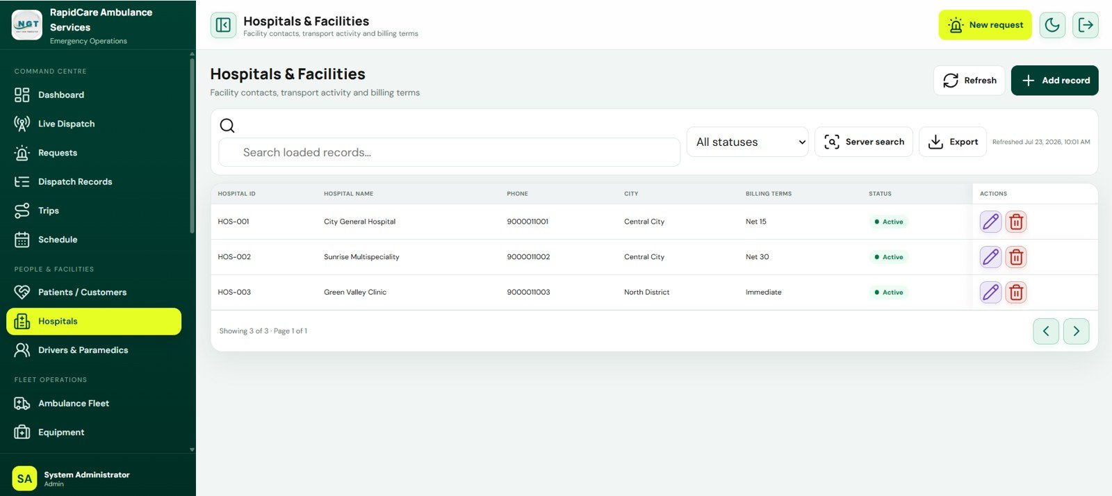 Hospitals and Facilities screen in Ambulance Fleet and Dispatch Management System Web App