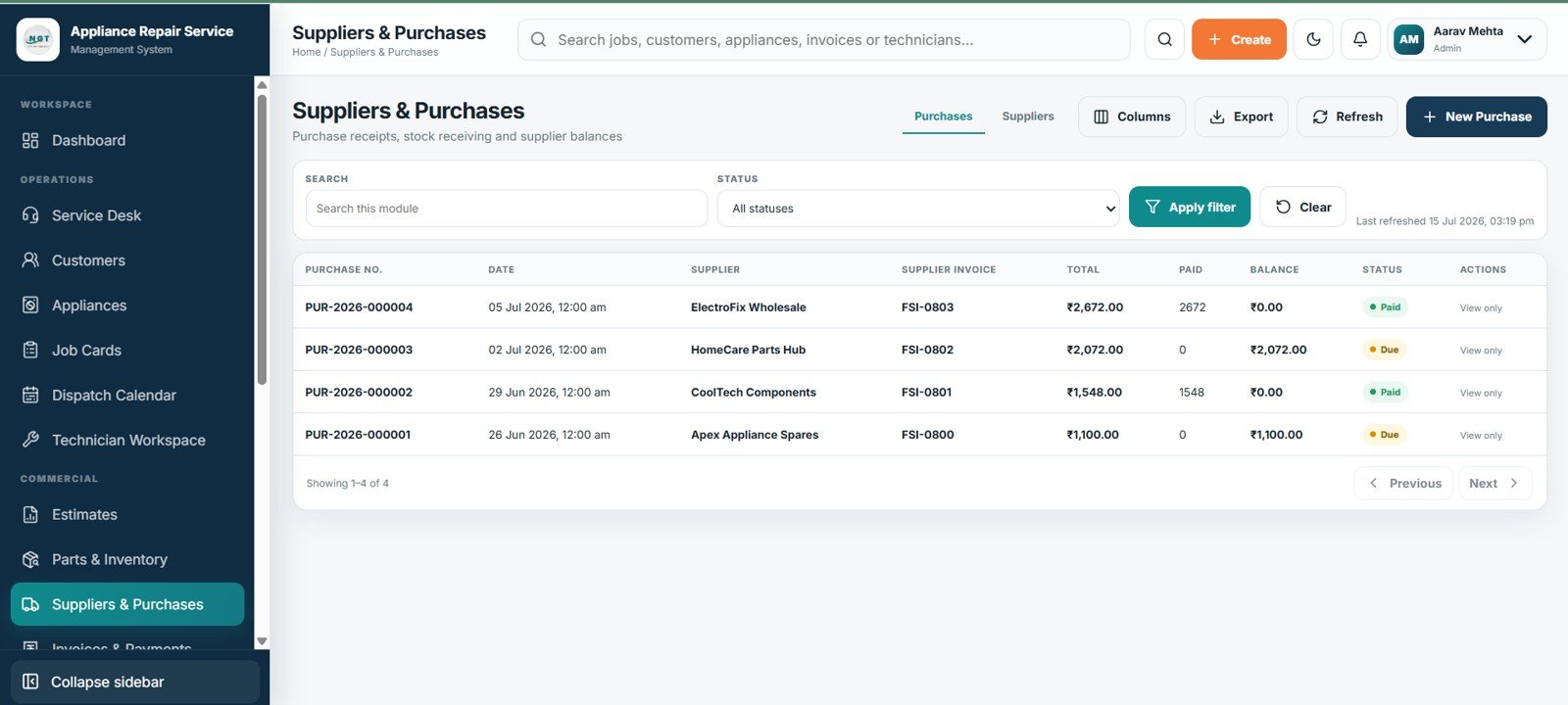 Supplier purchases showing invoices paid amounts balances and status