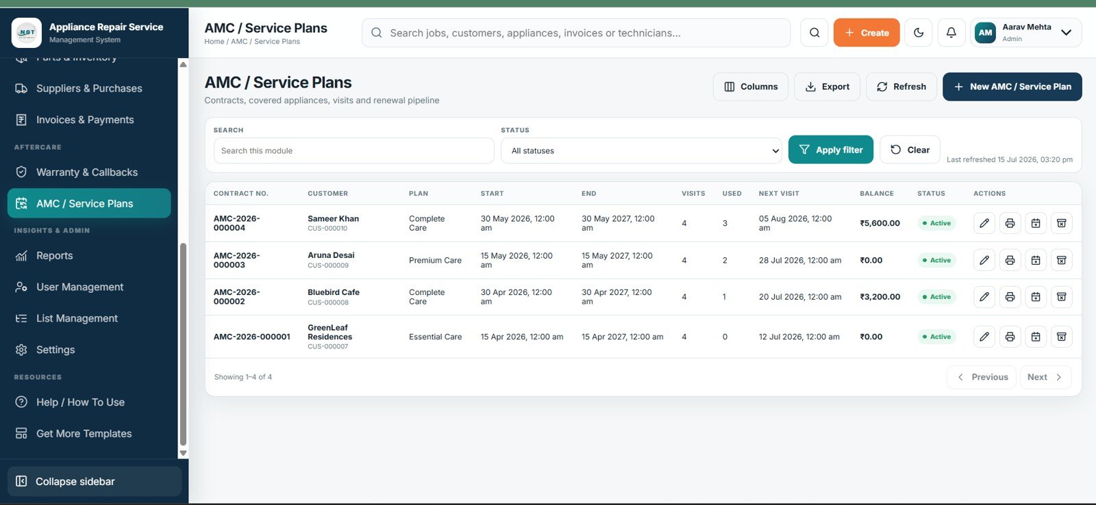 AMC service plans with covered visits next visit balance and status