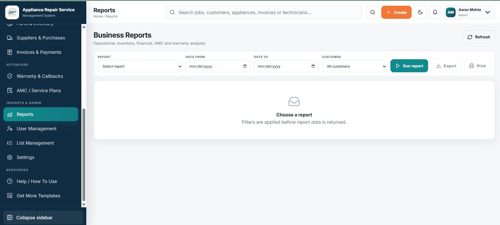 Business report generator with report date and customer filters