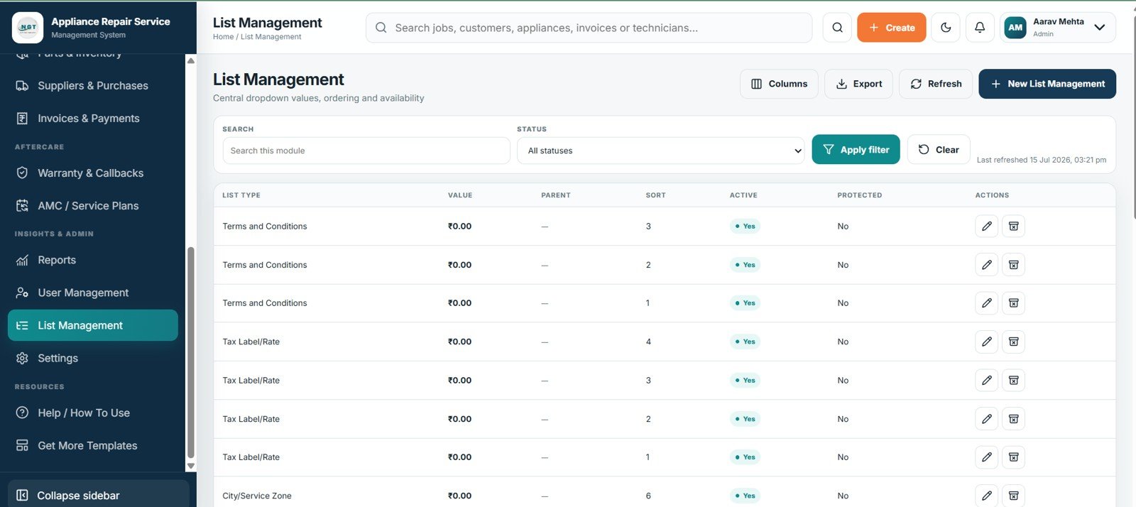 Shared dropdown list management with ordering and protected values
