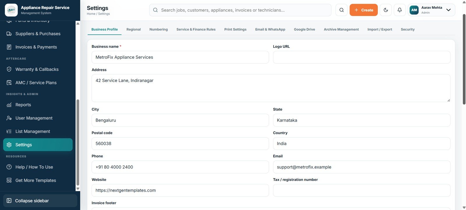 System settings for business profile numbering printing integrations and security