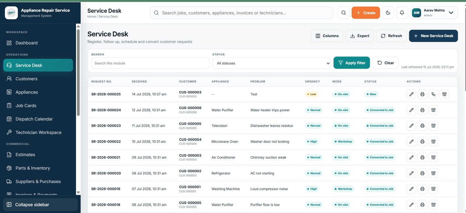Appliance repair service desk showing requests urgency and status