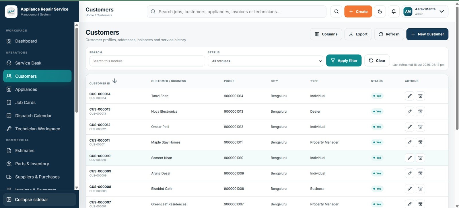 Customer profiles with contact details balances and service history