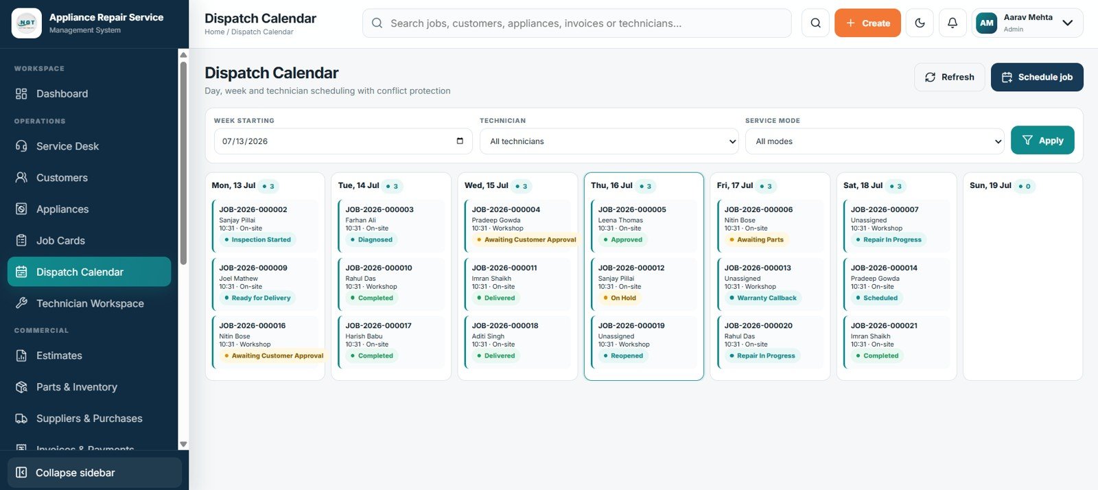 Technician dispatch calendar with week and service mode filters