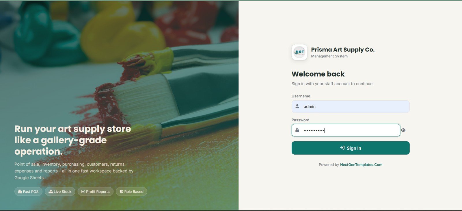 Art Supply Store Management System Web App login page