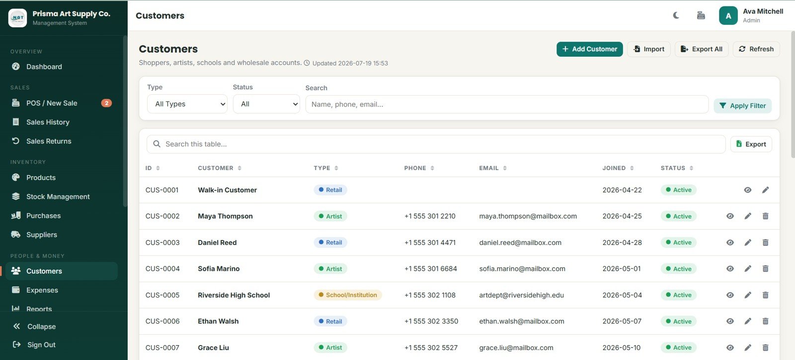 Customers page in Art Supply Store Management System Web App