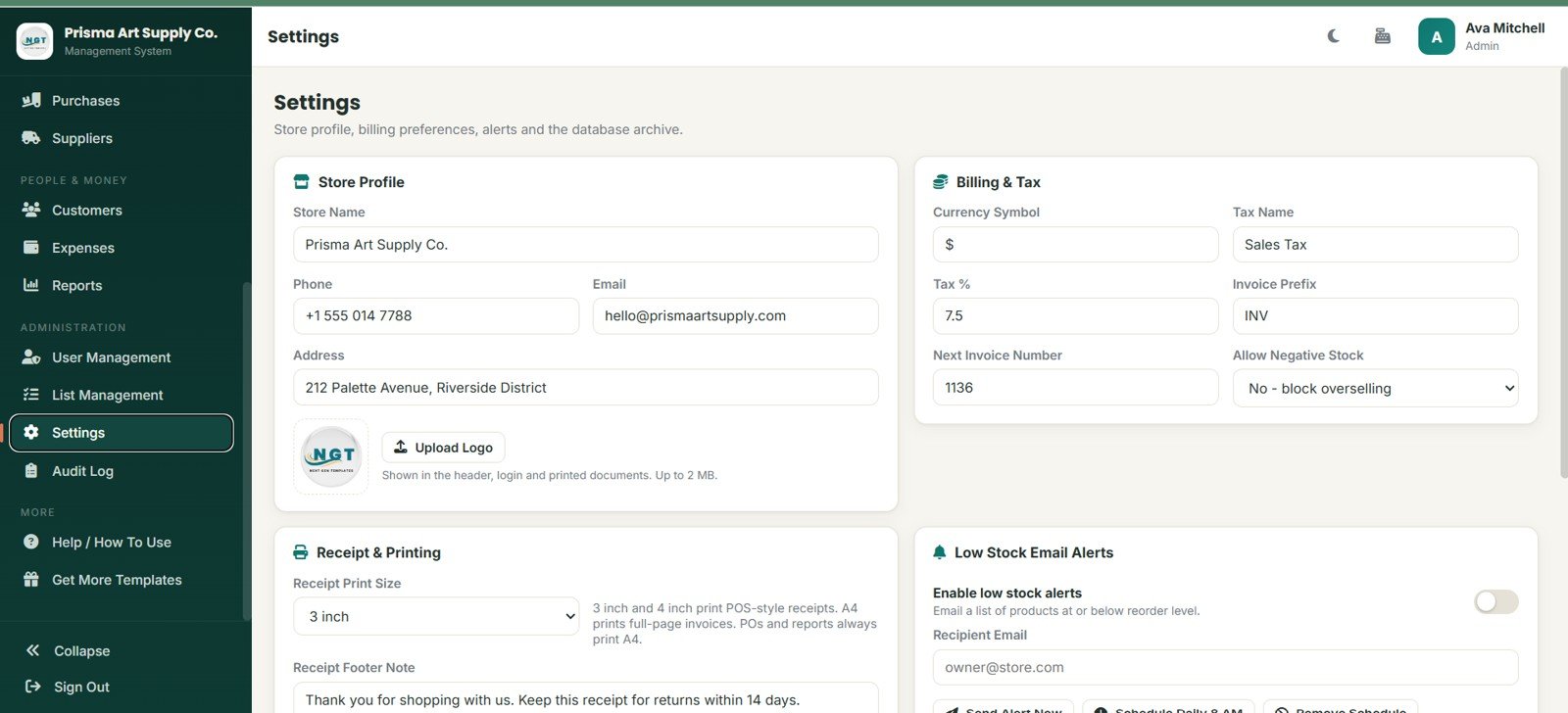 Settings page in Art Supply Store Management System Web App